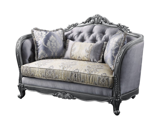 Homeroots 65" Gray And Platinum Silk Blend Loveseat And Toss Pillows   515745