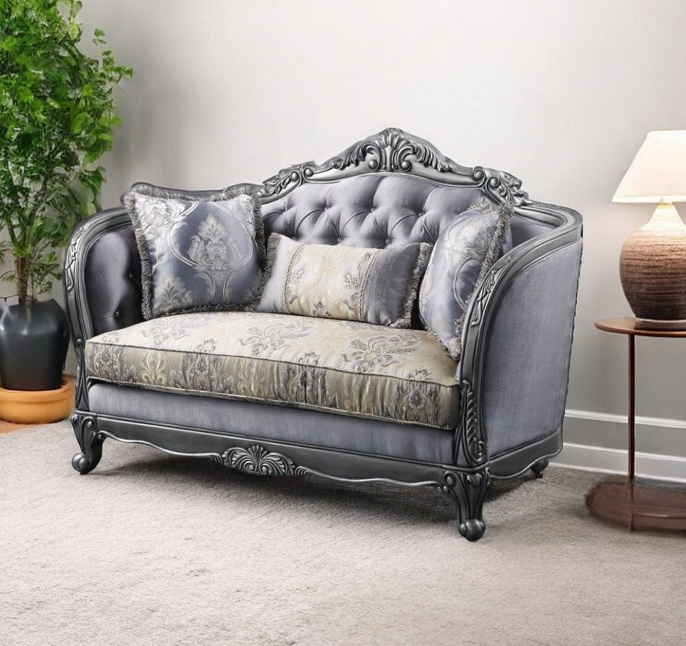 HomeRoots 65" Elegant Gray and Platinum Silk-Blend Loveseat with Toss Pillows for Modern Living Rooms 515745