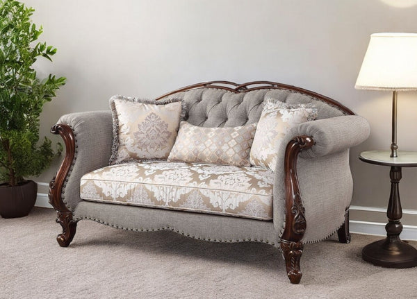 HomeRoots 72" Elegant Beige & Dark Brown Linen Loveseat with Toss Pillows - Comfort & Style for Any Space 515746