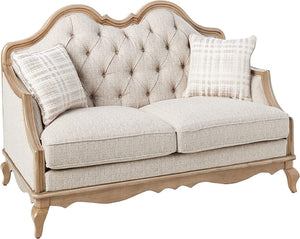 HomeRoots 62" Beige and Brown Linen Loveseat with Toss Pillows - Elegant, Comfortable Seating for Any Space 515747