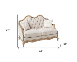 HomeRoots 62" Beige and Brown Linen Loveseat with Toss Pillows - Elegant, Comfortable Seating for Any Space 515747