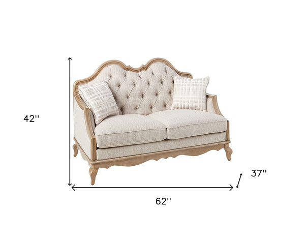 HomeRoots 62" Beige and Brown Linen Loveseat with Toss Pillows - Elegant, Comfortable Seating for Any Space 515747
