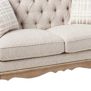 HomeRoots 62" Beige and Brown Linen Loveseat with Toss Pillows - Elegant, Comfortable Seating for Any Space 515747