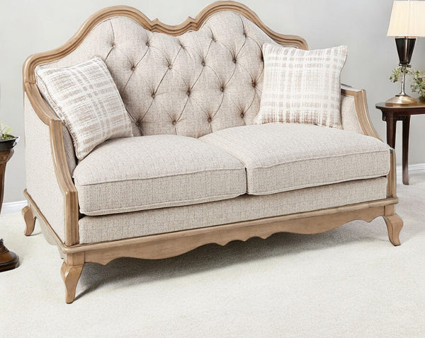 HomeRoots 62" Beige and Brown Linen Loveseat with Toss Pillows - Elegant, Comfortable Seating for Any Space 515747