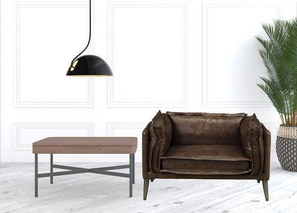 Homeroots 47" Distress Chocolate Top Grain Leather And Black Chair And A Half   515750