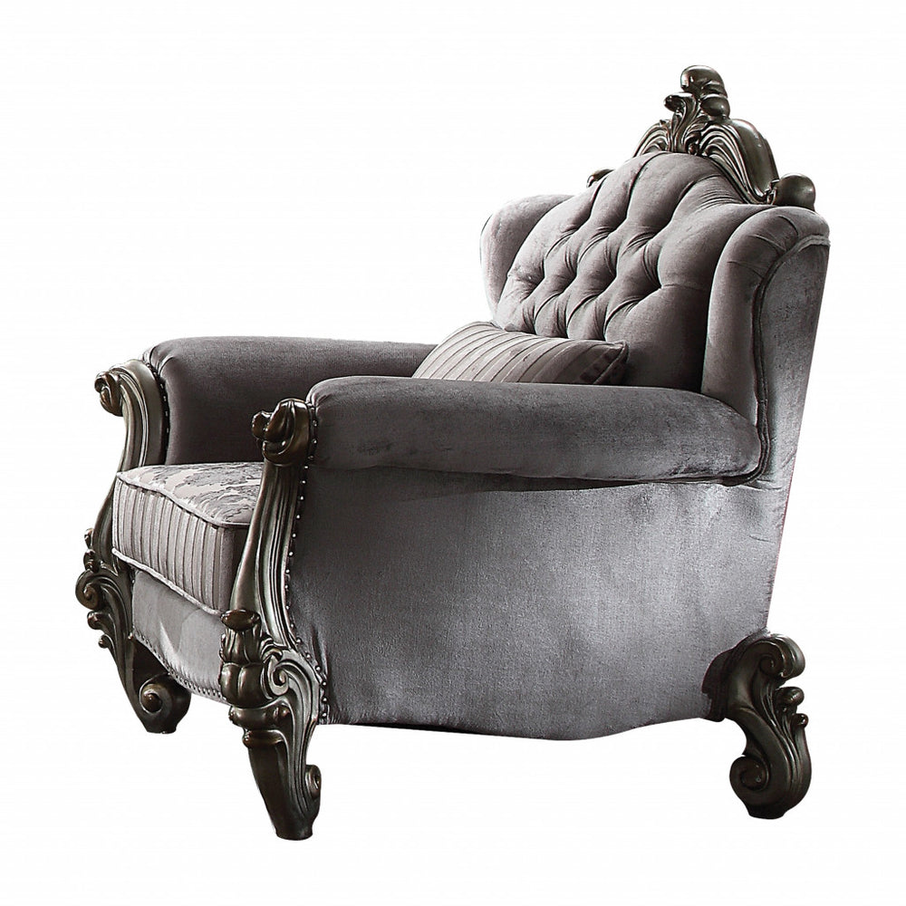 Homeroots 44" Gray And Platinum Velvet Floral Tufted Club Chair   515758