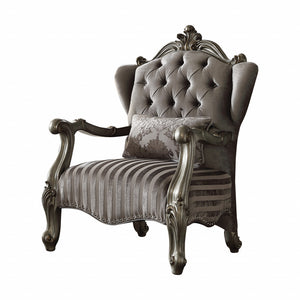 Homeroots 33" Gray And Platinum Velvet Striped Tufted Wingback Chair   515759