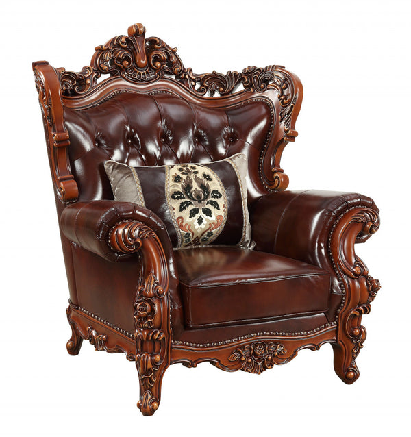 Homeroots 46" Dark Brown And Chocolate Faux Leather Tufted Wingback Chair   515760