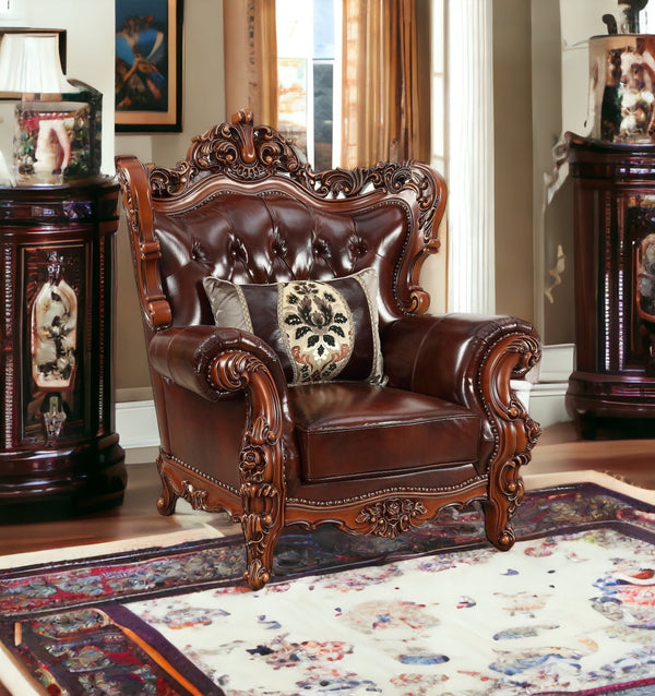 Homeroots 46" Dark Brown And Chocolate Faux Leather Tufted Wingback Chair   515760