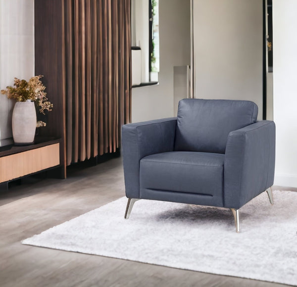 Homeroots 40" Blue And Silver Genuine Leather Arm Chair   515771