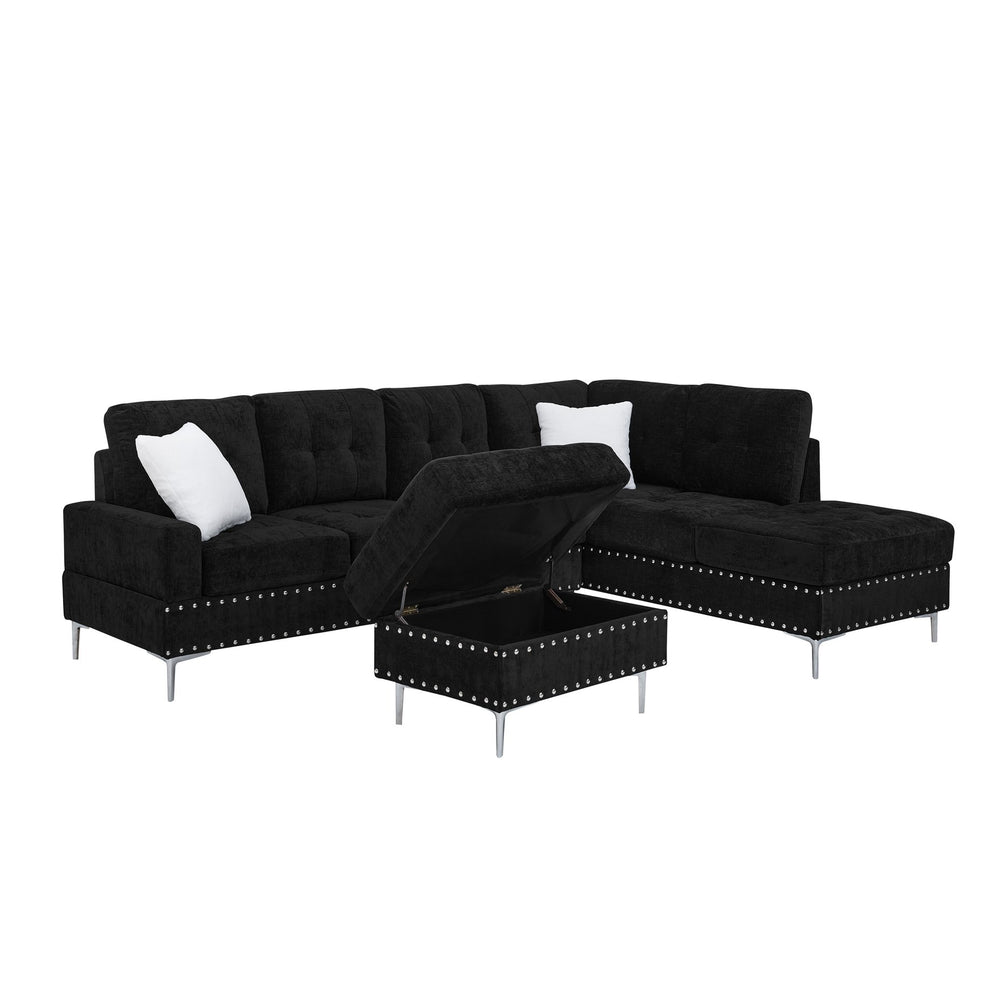 English Elm Sectional L-Shaped Chenille Sofa with Chaise Storage Ottoman, Metal Eucalyptus Frame, 4-Seater Spacious Black W1413S00117