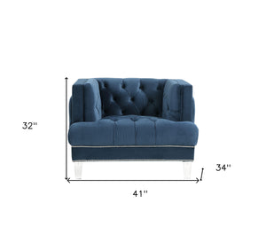 Homeroots 41" Blue Velvet And Black Tufted Arm Chair   515775
