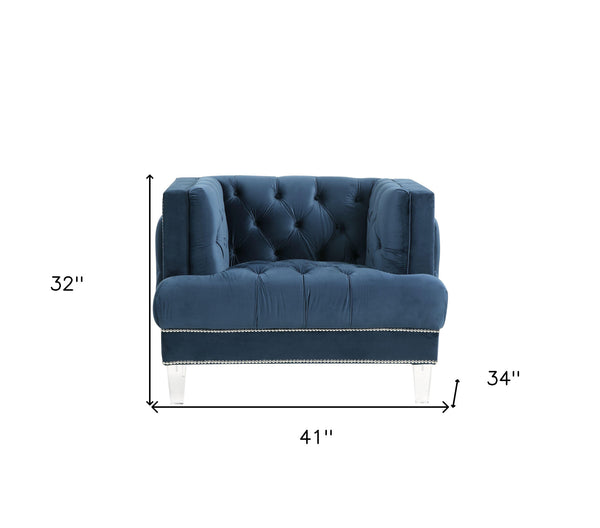 Homeroots 41" Blue Velvet And Black Tufted Arm Chair   515775
