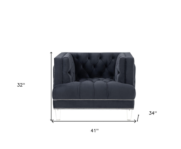 Homeroots 41" Charcoal Velvet And Black Tufted Arm Chair   515776