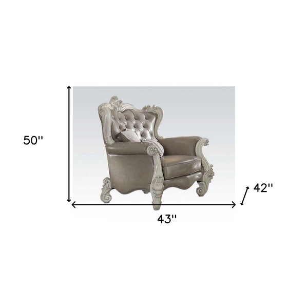 Homeroots 43" Gray And Bone Faux Leather Tufted Wingback Chair   515783