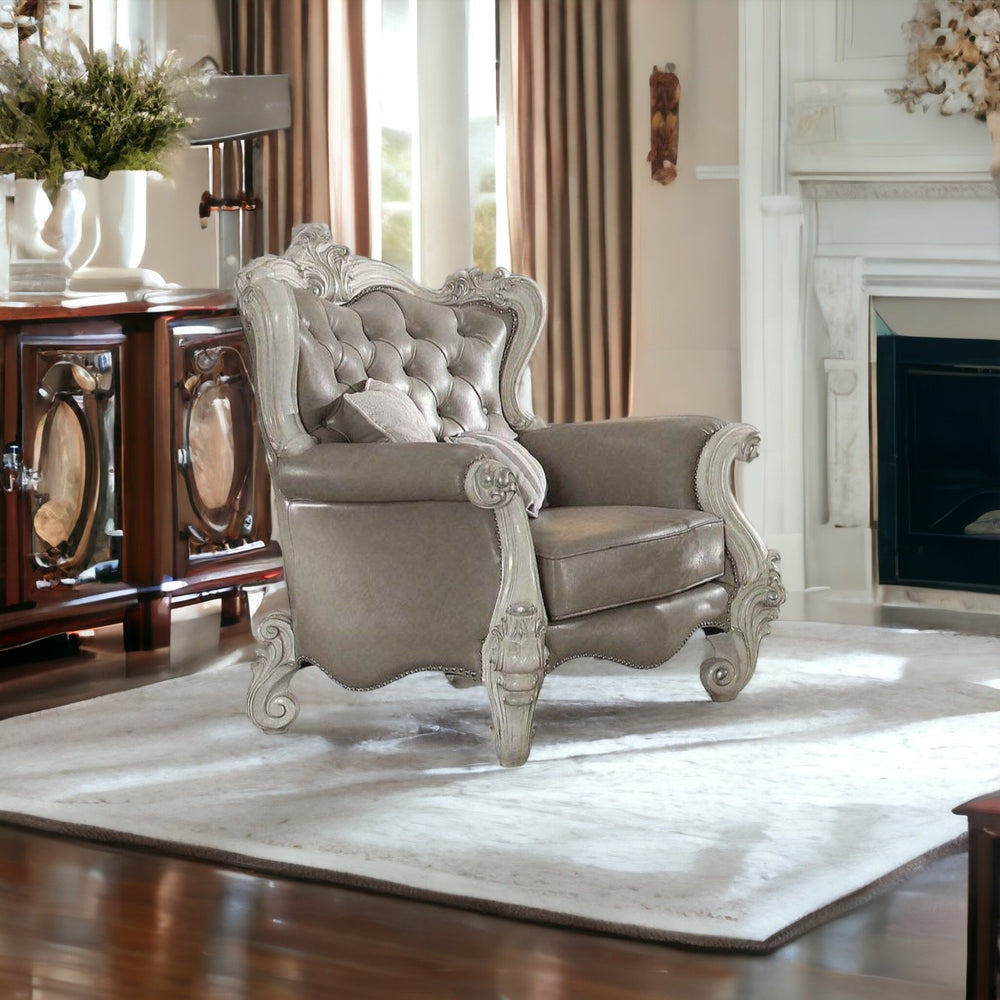 Homeroots 43" Gray And Bone Faux Leather Tufted Wingback Chair   515783