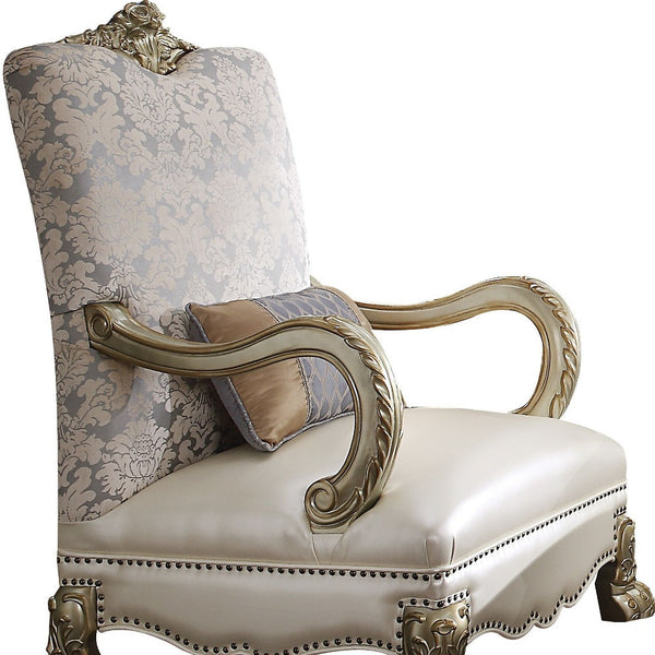 Homeroots 34" Pearl And Gold Faux Leather Damask Arm Chair   515786