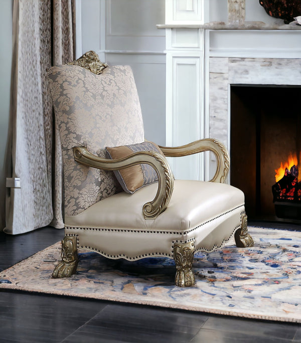Homeroots 34" Pearl And Gold Faux Leather Damask Arm Chair   515786