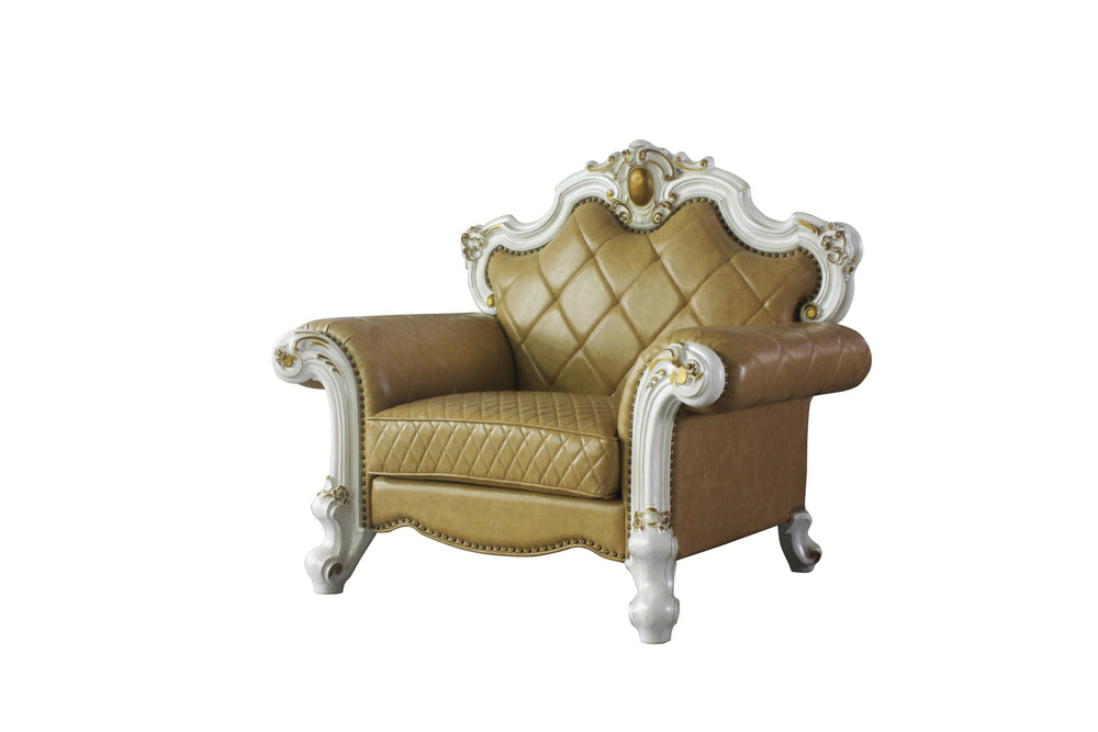Homeroots 50" Beige And Pearl Faux Leather Tufted Arm Chair   515791