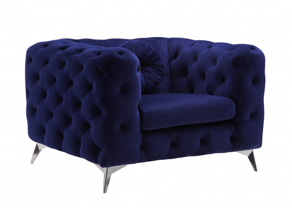 Homeroots 41" Blue Fabric And Black Tufted Arm Chair   515795