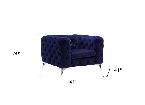 Homeroots 41" Blue Fabric And Black Tufted Arm Chair   515795