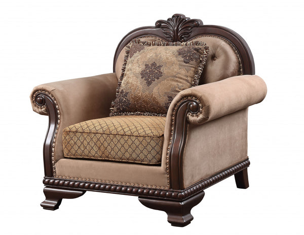 Homeroots 44" Tan And Espresso Fabric Tufted Arm Chair And Toss Pillow   515797