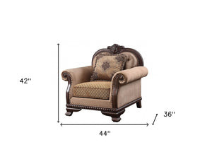 Homeroots 44" Tan And Espresso Fabric Tufted Arm Chair And Toss Pillow   515797