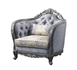 Homeroots 43" Light Gray Fabric And Platinum Floral Tufted Arm Chair   515799