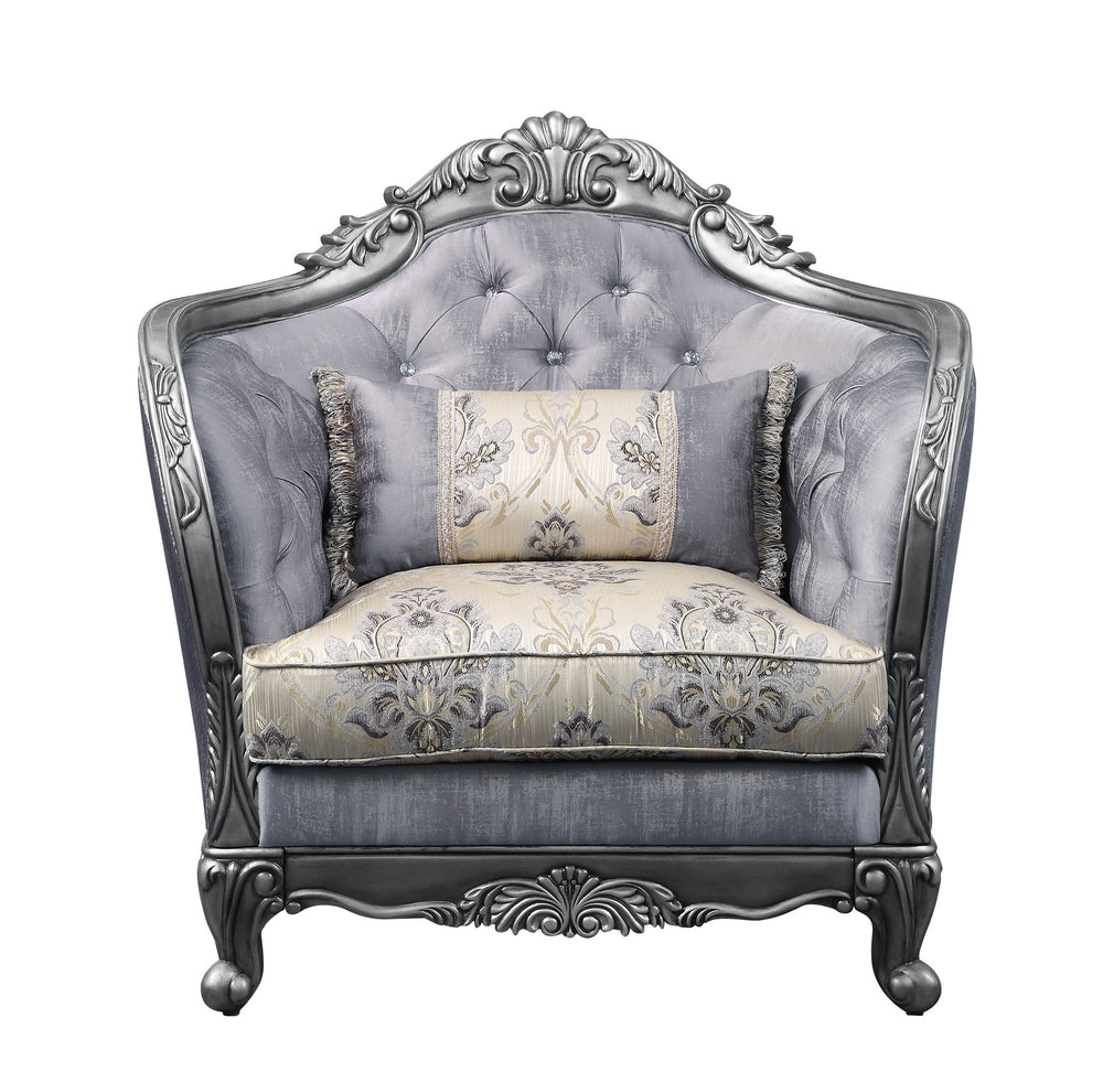 Homeroots 43" Light Gray Fabric And Platinum Floral Tufted Arm Chair   515799