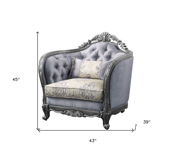 Homeroots 43" Light Gray Fabric And Platinum Floral Tufted Arm Chair   515799