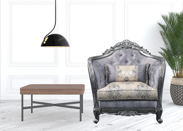 Homeroots 43" Light Gray Fabric And Platinum Floral Tufted Arm Chair   515799