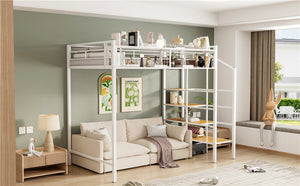 English Elm Twin Metal Loft Bed with Upper Grid Storage Shelf and 4-Layer Ladder Shelves for Space Saving White SF100081AAK
