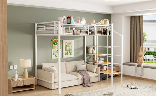 English Elm Twin Metal Loft Bed with Upper Grid Storage Shelf and 4-Layer Ladder Shelves for Space Saving White SF100081AAK