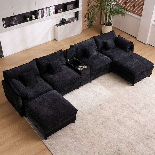 English Elm 145-inch U-shaped Sectional Sofa Seven Piece Woolen Set with Console and Memory Foam Black W2564S00051