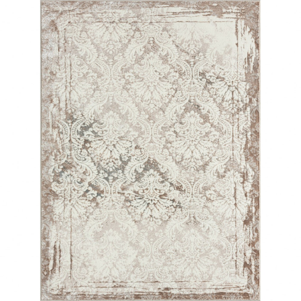 HomeRoots 5' Cream Damask Area Rug - Stain-Resistant, Elegant Design for Timeless Home Décor and Easy Care 8' X 10' 515908