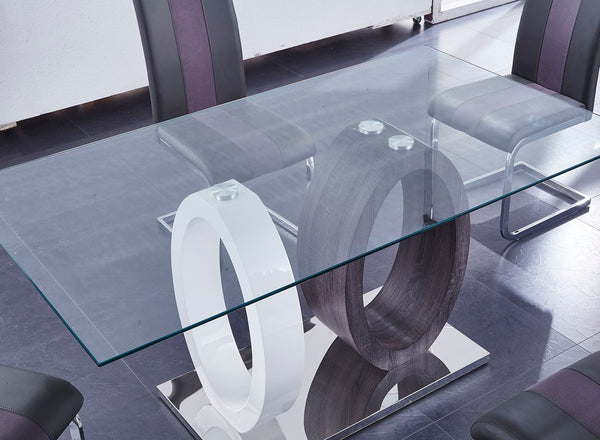 English Elm ROYCE Modern Dining Table with Clear Glass Top, Grey Wash Solid Wood & MDF, Metal Base Plate Finish B201S00023