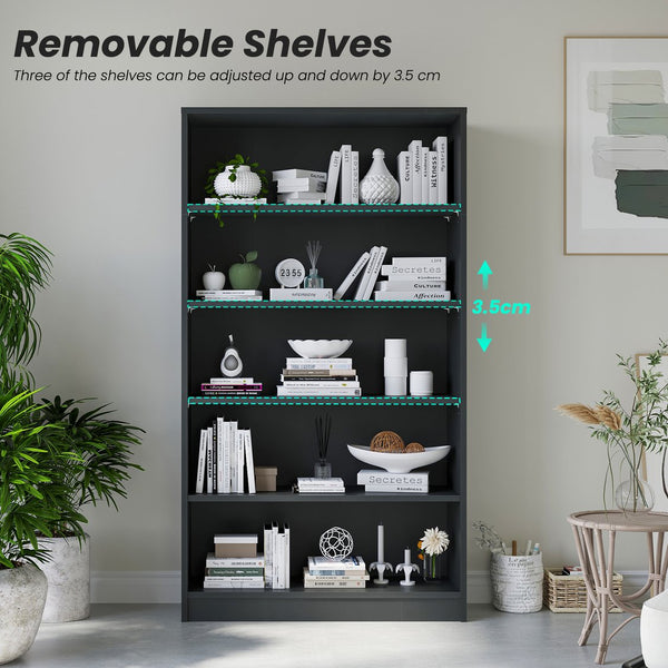 English Elm 5 Shelf Modern Wood Bookshelf - 60" Tall Black Bookcase, 105 lb Shelves, Tip‑Over Safe, Waterproof Durable Organizer T3623P379673