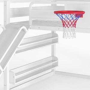 English Elm Twin Metal Loft Bed with Slide Basketball Hoop Climbing Wall and Built-in Shelves W1580S00634