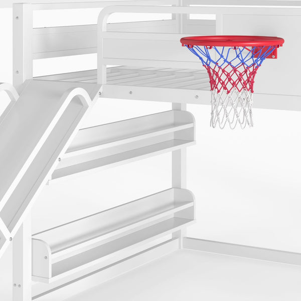 English Elm Twin Metal Loft Bed with Slide Basketball Hoop Climbing Wall and Built-in Shelves W1580S00634