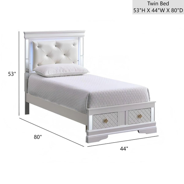 English Elm Verona Twin Bed With Jeweled Headboard, Led Lighting & Storage Drawers - Elegant Pearl White Design B078S00643-GIGA