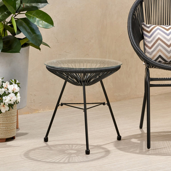 English Elm Christopher Knight Home® - NUSA Side Table with Tempered Glass Top and Handcrafted Rattan Base — Modern Outdoor Accent Table Black 66627.00BLK