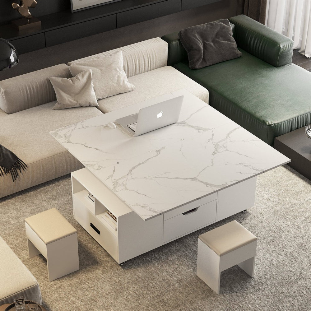English Elm Modern Lift Top Coffee Table with Hidden Storage and Two Cushioned Stools Included W1321S00047