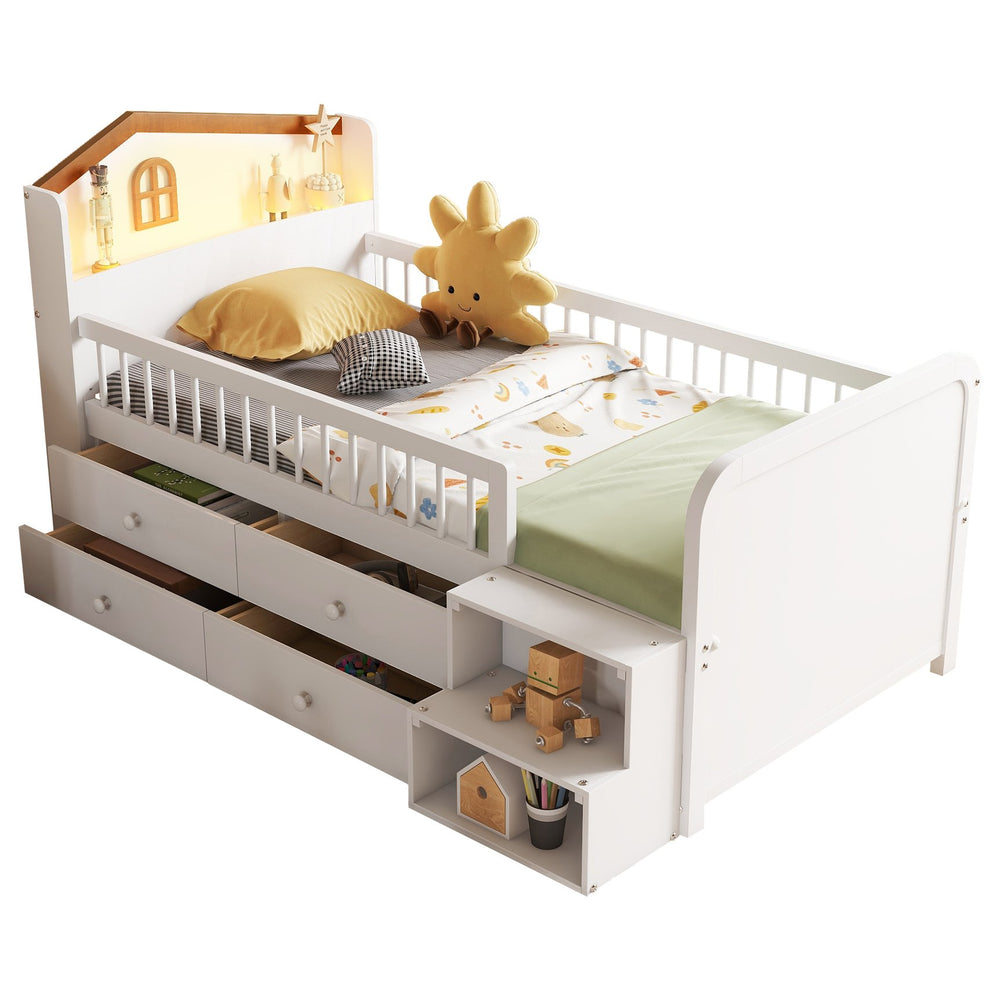 English Elm Low Twin Loft Bed with House-Style Headboard and Built-In LED Lights for Modern Kids' Rooms White 42.91 L x 28.35 W x 6.69 H W2593S00006