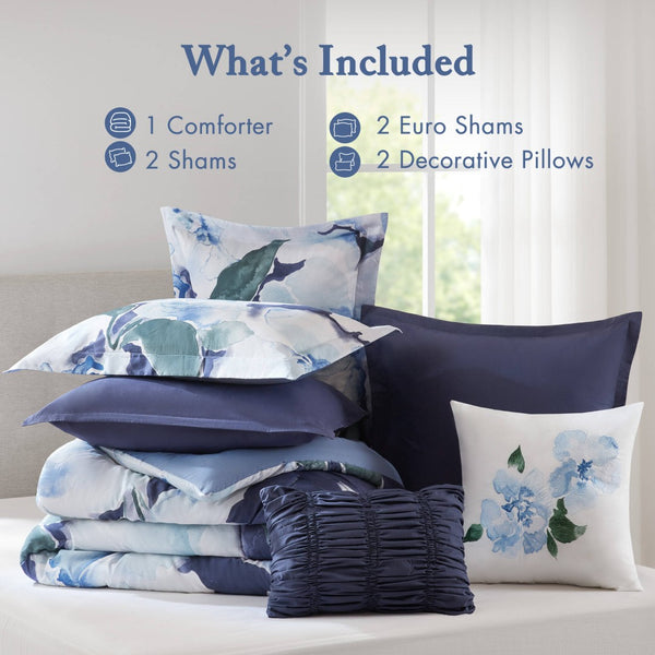 English Elm 7-piece King Comforter Set Cotton Print Bedding with Embroidered Pillows Layered Bedroom Blue Multi B035P482993