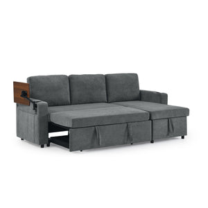 English Elm Modern Chenille Pull-Out Bed Sofa With Table, Led Lights, Usb Ports & Cup Holders - Gray Cozy Comfort W1413S00096