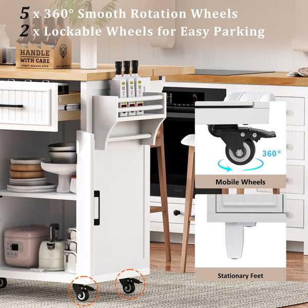 English Elm K&K 56.5" Kitchen Island with Drop Leaf, Embossed Vertical Stripe Barn Doors, Wheels & Charging Hub White N707P263094W