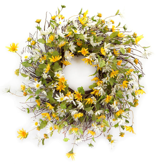 Homeroots 24" Yellow And White Spring Daisy Artificial Wreath  Polyester 516076
