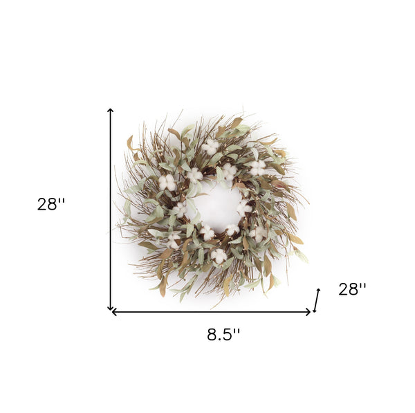 Homeroots 28" Green And White Artificial Cotton Wreath  Styrofoam 516082