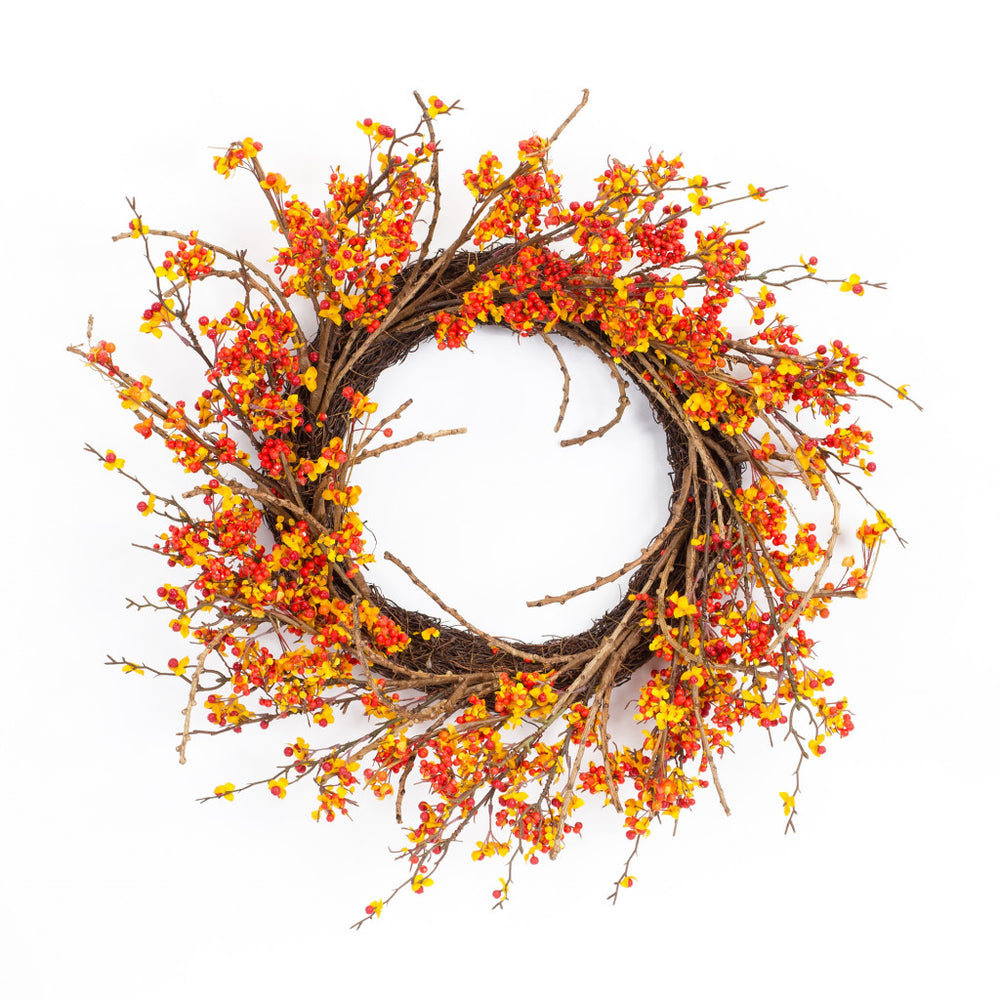Homeroots 25" Orange Red Artificial Fall Twig Wreath  Styrofoam 516094