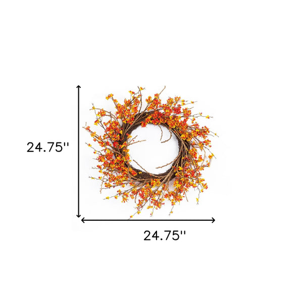 Homeroots 25" Orange Red Artificial Fall Twig Wreath  Styrofoam 516094